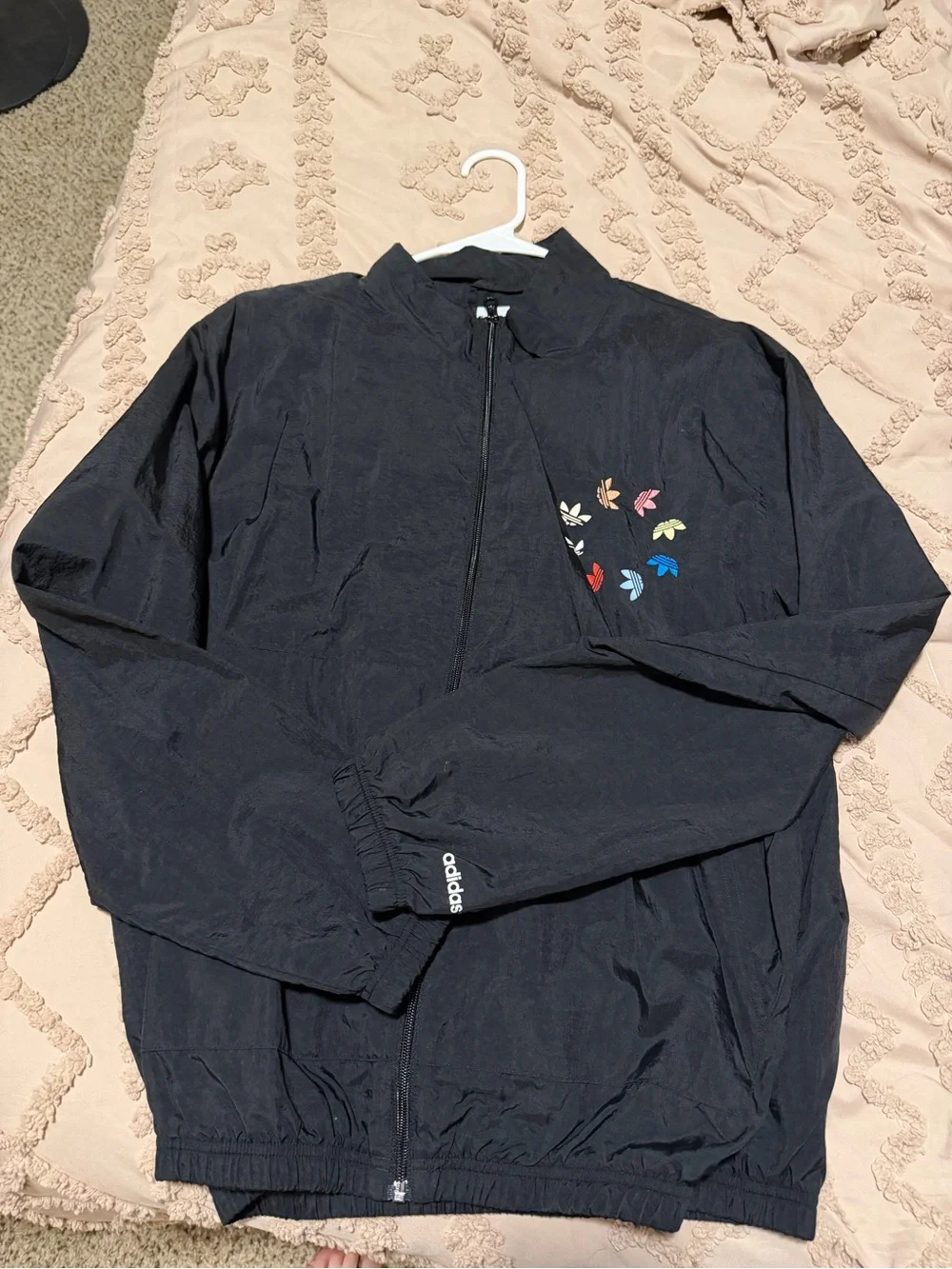 adidas Black Windbreaker Jacket with Multicolor Trefoil Accents